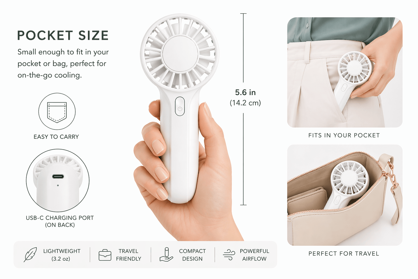 Handheld Lash Fan - Mint Green Rechargeable Mini - Enhanced Estetic
