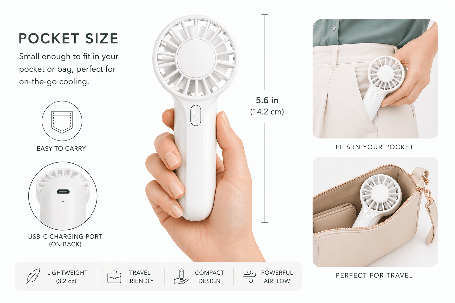 Handheld Lash Fan - Mint Green Rechargeable Mini - Enhanced Estetic